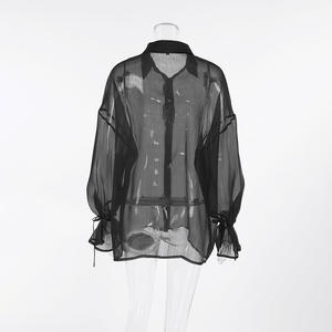 Camisa de malha preta, camisa elegante de manga lanterna solta, casaco de comprimento médio feminino - Product Image 6