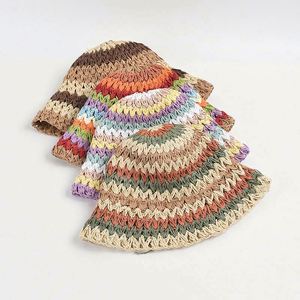 Wholesale Daily Travel Beach Rainbow Striped Hand-hooked Paper Straw Summer Fashion Sunshade Sun Hand Knitted Bucket <b>Hat</b> - Product Image 6