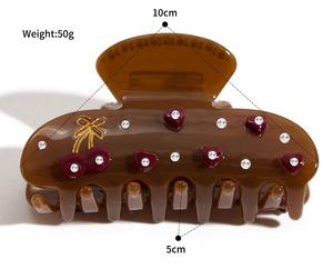 Élégante pince à cheveux en acétate rouge vin en forme de cœur avec strass blancs et pince requin marron pour femme - Product Image 3