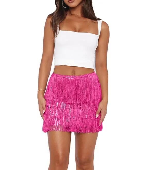 महिलाओं के लिए सेक्सी मिनी स्कर्ट फैशन को अनुकूलित करें हॉट सेल लेडीज़ क्लब स्कर्ट टैसल हॉट पिंक स्कर्ट लेडी के साथ