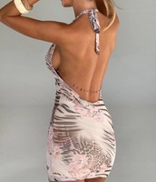Nouvelle robe moulante mini à imprimé léopard floral 2026 - Dos nu, style halter, coupe ajustée, sexy, pour les soirées et les clubs, pour femmes