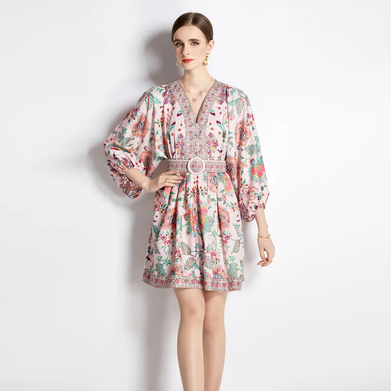 2023 женская одежда новый стиль розовое короткое платье с V-образным вырезом цветочный принт фонарик с длинными рукавами Повседневное платье