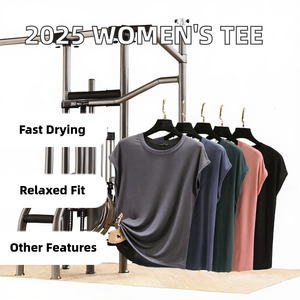 Tops en jersey de polyester doux pour femmes 2025, couleur radieuse basique, manches courtes, coupe ample, col montant, imprimé estival, style doux - Product Image 2