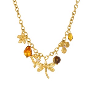 Collana con Ciondolo in Acciaio Inossidabile con Pietra Marrone, Libellula, Fiore, Cuore, Placcata Oro, Gioielli alla Moda Anti-Appannamento - Product Image 6
