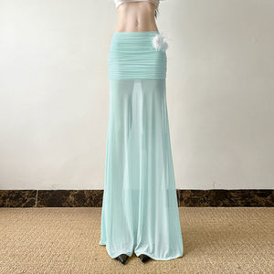 French Vacation Style Mesh Patchwork <b>Skirt</b> Women Sheer Detail Ruched Waist Slim Fit Beach Holiday Chic Long <b>Skirt</b> - Product Image 6