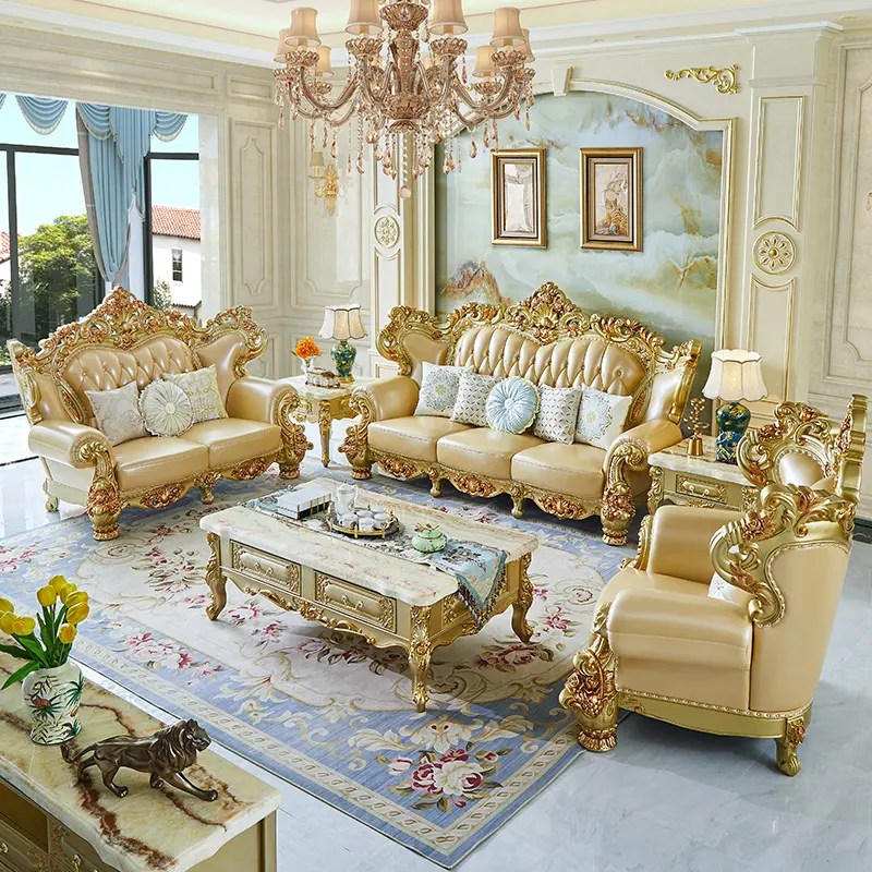 Koninklijke Europese Luxe Gesneden Sectionele Bankstel 123 Elegante Villa Woonkamer Meubels Massief Hout Met Lederen Home Hotel