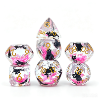 Dés de jeu polyédriques transparents à thème chat, 7 pièces avec incrustation de jetons colorés pour jeux de rôle, D&D et jeux de table