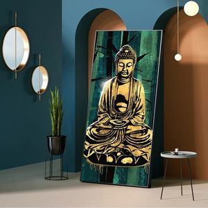 Statua di Buddha Dorata in Meditazione, Dipinto a Olio su Tela, <span class=keywords><strong>Poster</strong></span> con Sfondo Verde, Arte Buddista da <span class=keywords><strong>Parete</strong></span>, Stampa Decorativa per <span class=keywords><strong>Soggiorno</strong></span> - Product Image 2