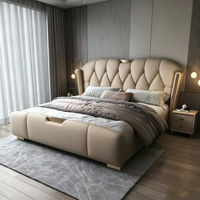Luxuriöses Gepolstertes Lederbett mit Goldenen Metallbeinen Modernes Lederbett für Hauptschlafzimmer Villa Apartment Möbel