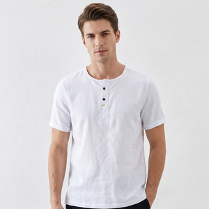 Camicie da <span class=keywords><strong>Uomo</strong></span> in <span class=keywords><strong>Lino</strong></span> OEM <span class=keywords><strong>100</strong></span>% <span class=keywords><strong>Lino</strong></span> Senza Colletto Manica Corta Mezza Abbottonatura Casual Tinta Unita Fornitura Diretta dalla Fabbrica - Product Image 4
