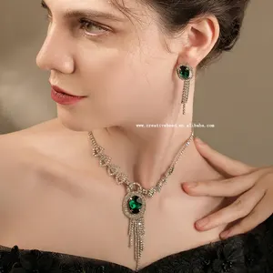 Beste Kwaliteit & Prachtige Ambacht Van Verzilverd Strass Tiara Kroon, Ketting, Oorbel Voor Bruids Sieraden Set