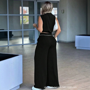 <b>Women's</b> Casual Sleeveless Collared Solid Color Top <b>Pockets</b> Imitation Drawstring <b>Trousers</b> Set <b>Black</b> Smlxl Cross-Border Europe - Product Image 3