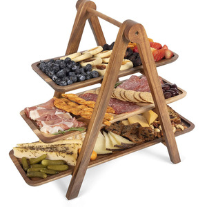 Estante plegable de tres niveles para picnic, bandeja de madera para pasteles, comida, dulces, repisa para repostería, esencial para picnics. - Product Image 1