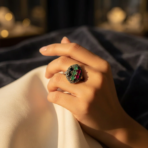 Bague de cocktail Art Palace pour femme, plaquée or 18 carats, sertie de pierres précieuses naturelles taille émeraude, monture pavée, géométrique, élégante et glamour pour les soirées - Product Image 4