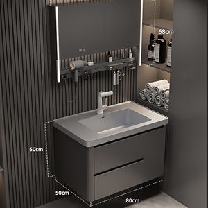 Meuble de salle de bain intelligent moderne gris avec miroir de rangement, meuble suspendu gris pour lavabo, fonction anti-buée et affichage de l'heure - Product Image 3