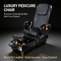 Fauteuil de pédicure de luxe noir et or avec dossier à coutures en V, finitions plaquées or, station de massage professionnelle