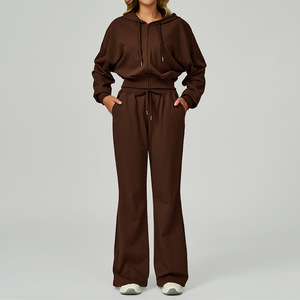 Winter Autumn Outer Set Long Sleeve <strong>Sweater</strong> + Sweat Pant <strong>Cropped</strong> <strong>Top</strong> Hooded Hoodie Pockets Straight Leg Pant Active Women Set - Product Image 3