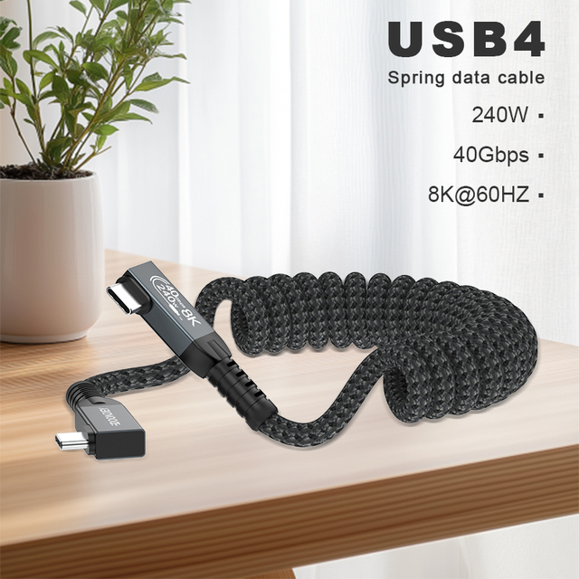 PD 240W 5A Fast Charging Type-C Cable High-Speed USB4 40Gbps Stretchable Spring Braid Shielding Screen Projection Printers