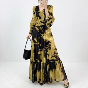 Nouvelle Robe Décontractée Femme 2026 Coupe Ample Ceinturée Imprimé Floral Manches Plissées à Volants Grande Taille Style Miyake - Product Image 5