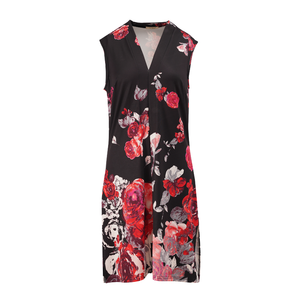 Robe ample sans manches à col en V pour femme, en mélange de soie noire, imprimés floraux audacieux rouge et rose, légère, pour les occasions estivales - Product Image 3