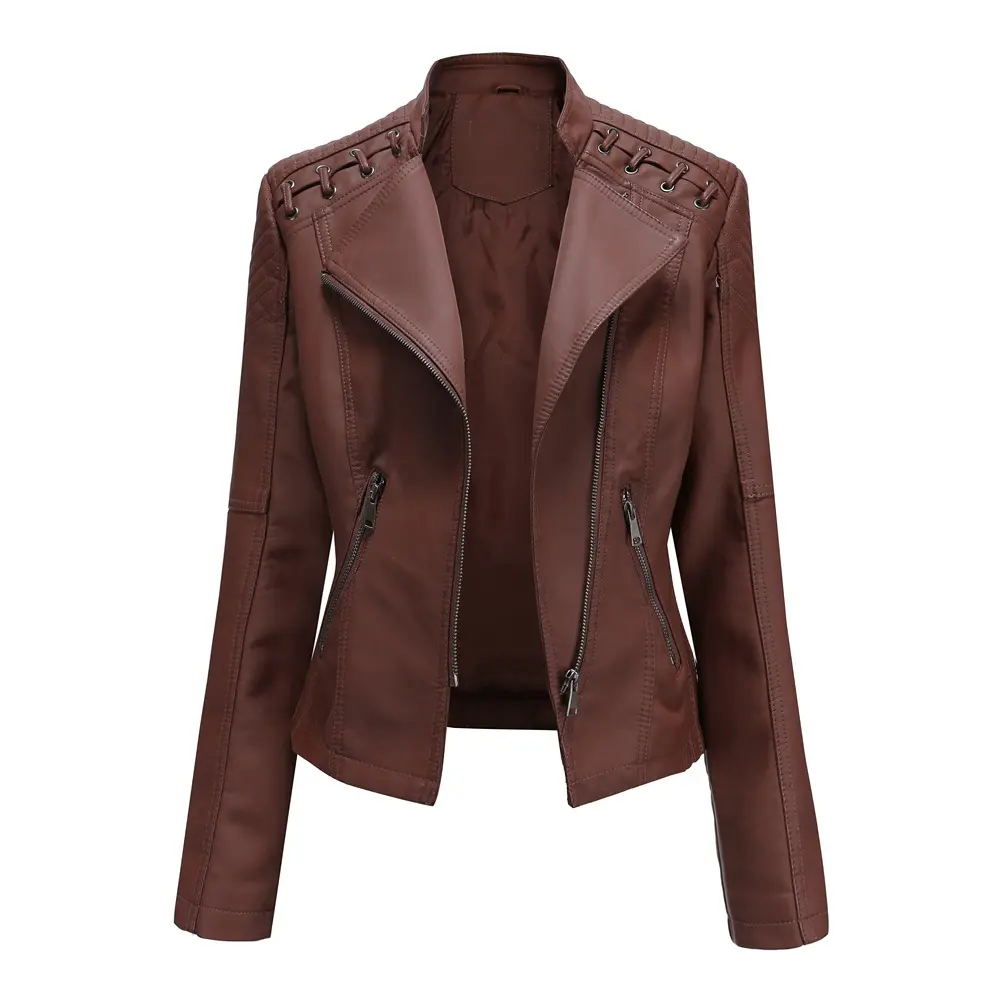 Woman European Size Short Leather Jacket Slim Fit Thin Leather Jacket Motorcycle Wear Casual Large Size PU Leather trench coat