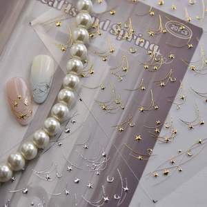 Autocollants pour ongles en forme de cœur, de lune et d'étoile en or et <span class=keywords><strong>argent</strong></span> 5D, paillettes, perles, autocollants pour ongles en gel scintillants, chaîne d'étoiles - Product Image 1