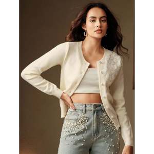 Women's <b>White</b> Floral Embroidered Button Front Full Sleeve <b>Thin</b> Knit <b>Cardigan</b> for All Seasons - Product Image 2