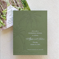 Invitations de mariage 2026 personnalisées, style chic côtier, avec impression palmiers vert sauge, sur papier coton, estampées à la presse typographique et gaufrées, pour cartes de répétition