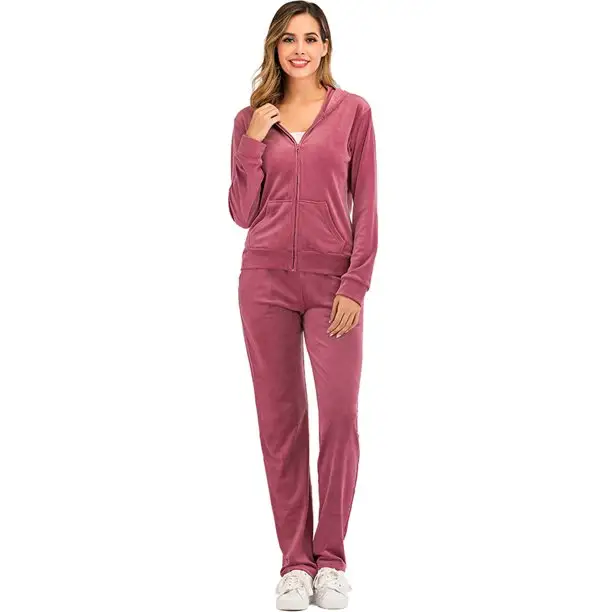 Custom 2 pieces set Female Pink Velour tracksuit 95 polyester 5 spandex 300g embroidery zipper tracksuit set for women plus size