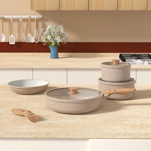 Batterie de cuisine moderne en aluminium moulé, durable et antiadhésive, pour 6 personnes, idéale pour le <span class=keywords><strong>camping</strong></span> en extérieur, compatible four, casseroles et poêles, motif Curcuma Granite - Product Image 2
