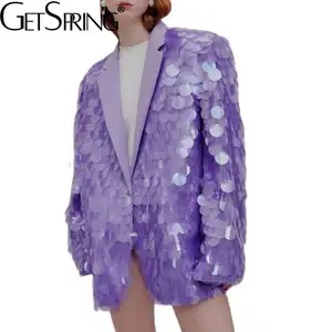 áo blazer violet Suppliers-Áo Vest Nữ GetSpring, Áo Blazer Dài Tay Màu Tím, Đính Kim Sa, Mặc Mùa Thu 2021
