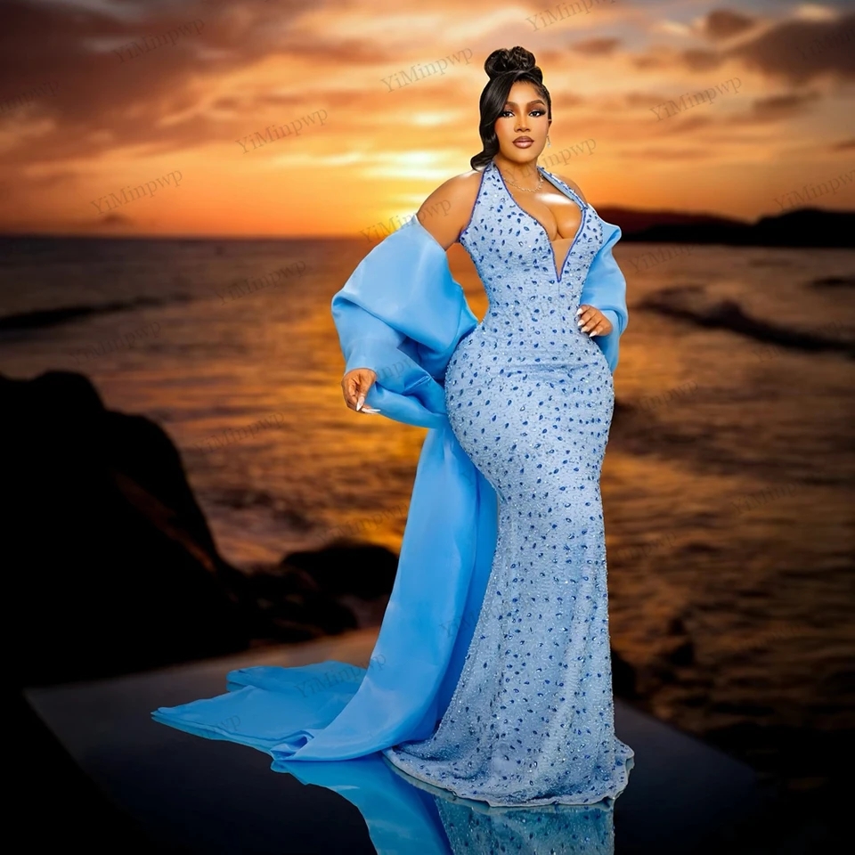 Luxurious Party Dress Beading Crystals V-Neck Aso Ebi Evening Dresses  Customized Mermaid Blue Prom Gowns With Shawls| Alibaba.com