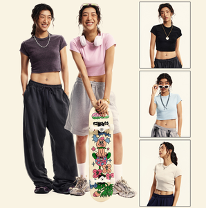 เสื้อยืดครอปผู้หญิงแฟชั่น ทันสมัย ผ้าฝ้ายถักเนื้อนุ่ม ตกแต่งเพชร พร้อมโลโก้สั่งทำ ทรงเข้ารูป แขนสั้น - Product Image 4