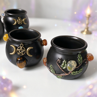 Pot de rangement en forme de chaudron de sorcière 5,8x4,7 cm, pot en céramique noir incrusté de cristal naturel, porte-allumettes d'autel Wicca, mini chaudron décoratif