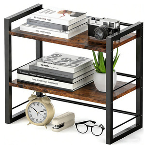 2-laags minimalistische desktop-opbergorganizer, plank met metalen frame, houten aanrechtrek, multifunctionele tafelblad-displaystandaard voor thuis - Product Image 1