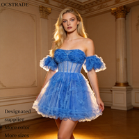Robe Courte de Soirée Élégante Bleu Royal Ocstrade à Épaules Dénudées, Style Corset, Manches Bouffantes et Volants pour Anniversaire ou Cocktail pour Femme