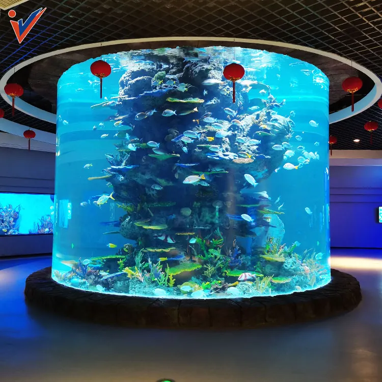 حوض سمك كبير مخصص شفاف للغاية من الأكريليك حوض سمك أسطواني مخصص للفنادق والمطاعم