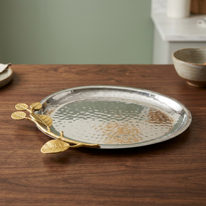 Oval Polished Metal <b>Serving</b> <b>Tray</b> With <b>Gold</b> Leaf Decorative Handle Residential Use Decorative Finish - Product Image 4