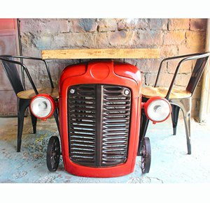 Mesa de Bar de tractor reciclado industrial de estilo retro con tapa de madera y luces y ruedas, muebles de automóvil para bar - Product Image 3