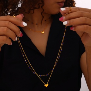 Collier pendentif cœur élégant de luxe léger, perles de cristal, acier inoxydable, double couche, ras-de-cou, bijoux étanches - Product Image 3