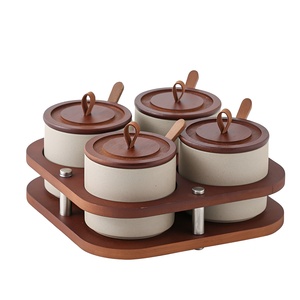 Juego de recipientes de cerámica para especias con tapa de madera y cuchara, estante de dos niveles para sal, azúcar y condimentos, para encimera de cocina. - Product Image 5