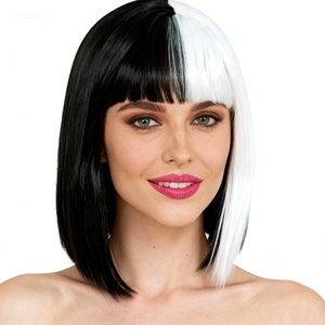 วิกผมแยกสีดำและสีขาวมีผมม้าสั้นสไตล์บ๊อบสำหรับผู้หญิงวิกผมสังเคราะห์เหมาะสำหรับงานปาร์ตี้ฮาโลวีน - Product Image 2