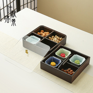 Bandeja de bambú de cuatro compartimentos con tapa, rectangular, para almacenamiento de aperitivos, frutos secos y dulces, para la sala de estar del hogar. - Product Image 4