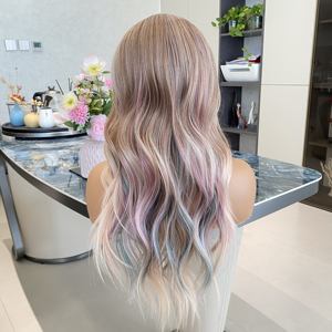 High Grade Fashion Apricot Rainbow Colorful <b>Synthetic</b> Lace Front <b>Wig</b> with Natural Hairline Long Wavy Glueless Cap - Product Image 6