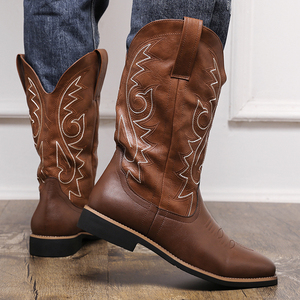 Botas Vaqueras de Cuero PU para Hombre, Zapatos de Otoño Invierno, Moda Retro Bordada Estilo Occidental, Talla Grande US16 - Product Image 4