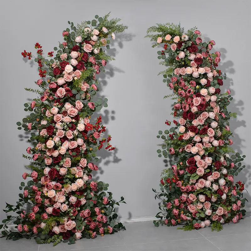 EG-WDV79 การออกแบบใหม่หรูหราฉากหลังงานแต่งงานการจัดดอกไม้ประดิษฐ์สีเขียวสีแดงดอกไม้งานแต่งงานHorn Arch Forest