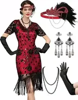 Robe à franges style Great Gatsby, ensemble d'accessoires 4 pièces, bandeau à plumes, gants, collier de perles, boucles d'oreilles, costume de cosplay pour Halloween