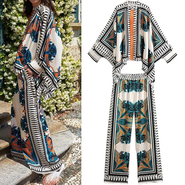 GX20516 Women 2 Piece Sets of Positioning Print Loose Doll Long Sleeve Top and Wide Leg Pant Matching Sets For African Clothing