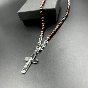 Fatingna Kreuz und Perlen Stein Tigerauge Perlen Rosenkranz Halskette Edelstahl Naturstein Perlen Lange Halsketten für Männer - Product Image 5