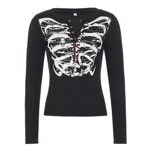 Top de punto corto para mujer con estampado de esqueleto, cuello en V, manga larga, botones frontales, detalles góticos, estilo urbano atrevido, jersey. - Product Image 6